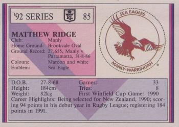 1992 Regina NSW Rugby League #85 Matthew Ridge Back